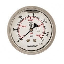 PAKKENS Gliserinli (Sıvı Dolgulu)  Panotip Bağlantılı Ø63mm Manometreler KL2,5-Paslanmaz Gövde